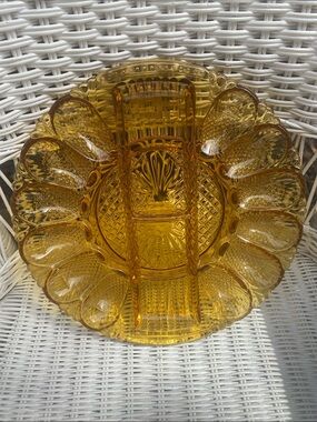 Vintage L.E. Smith Heritage pattern amber glass deviled egg plate and relish